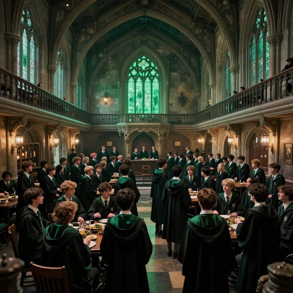 Slytherin Common Room Gathering in Cinematic Fantasy Style