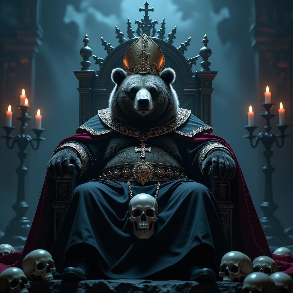 Obese Bear Pope on Skull Throne in Dark Fantasy Style