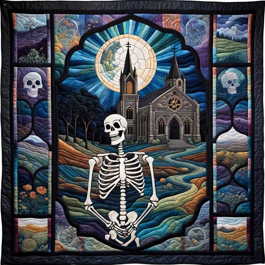 Quilted Skeleton Welcoming Souls in Gothic Inferno