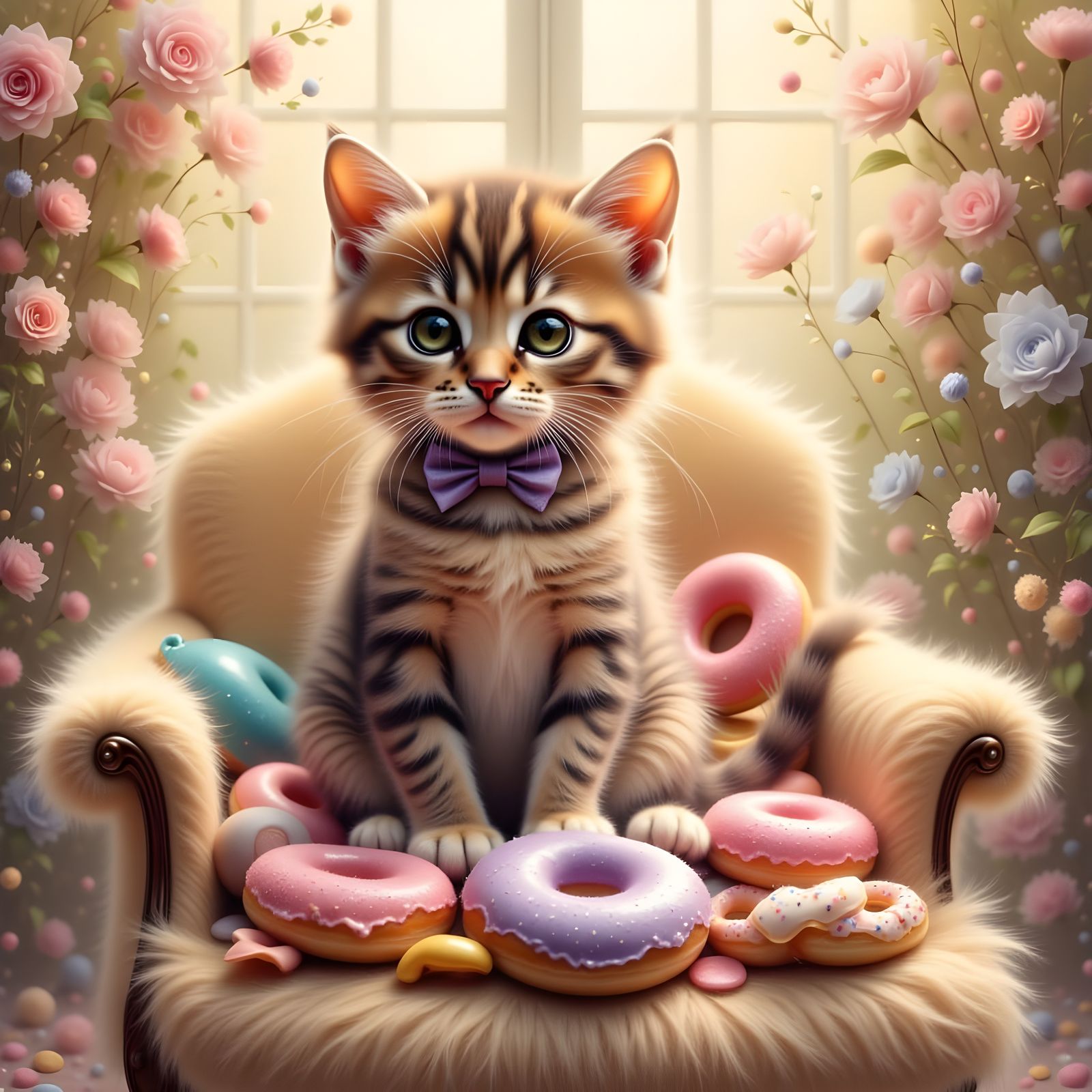Cute Kitten on Donuts Watercolor Portrait