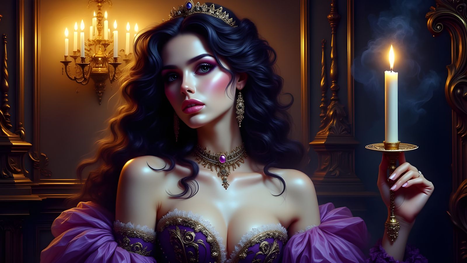 Gothic Baroque Queen in Candlelit Palace