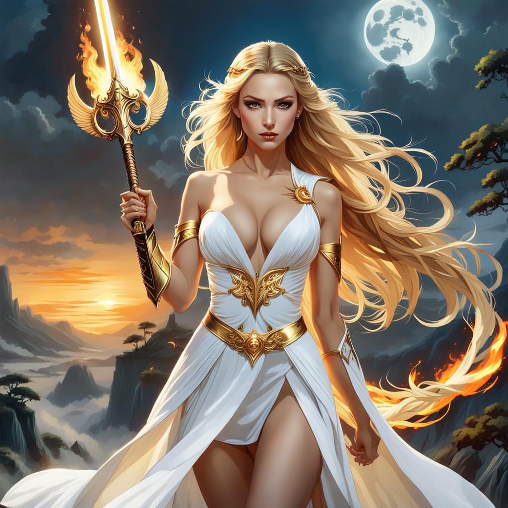 Winged Warrior with Flaming Sword in Ethereal Landscape