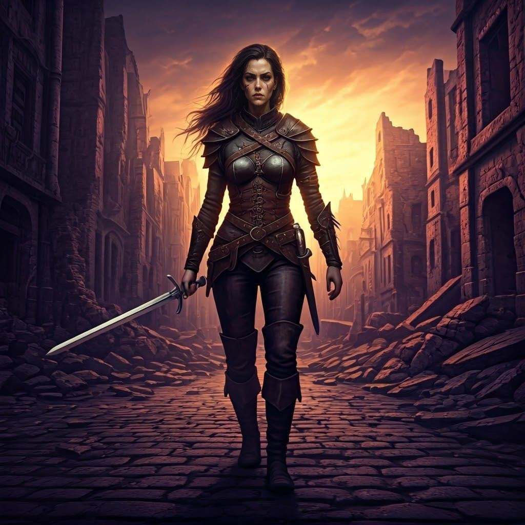 Fantasy Adventurer in Destroyed City, Dark Concept Art