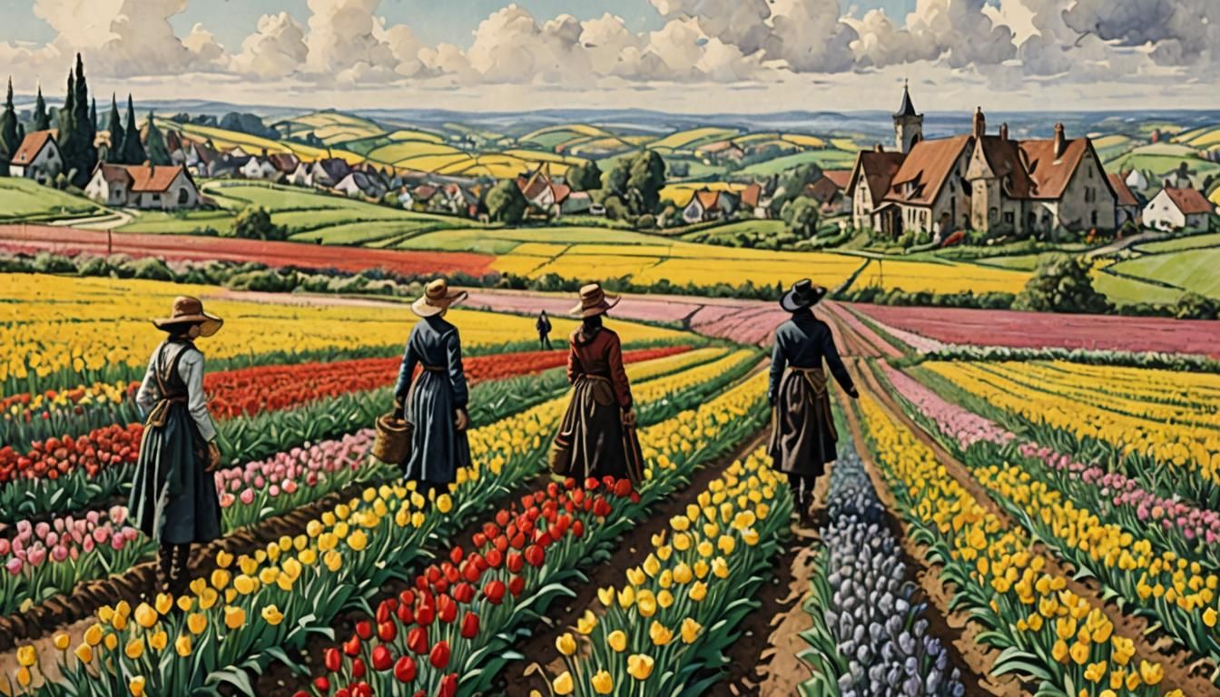 Vibrant Flower Fields Panorama in Watercolor Style