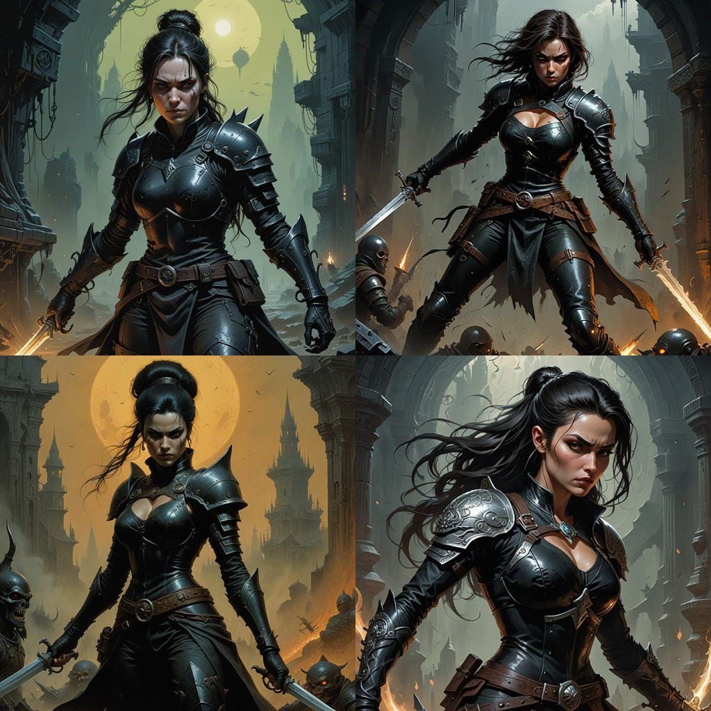 Human Assassin in Black Leather Armour Bares Fierce Determin...