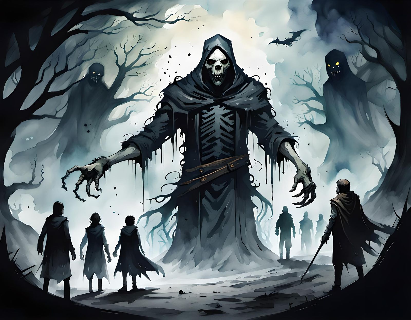 Human Leading People to Doom in Dark Fantasy Style