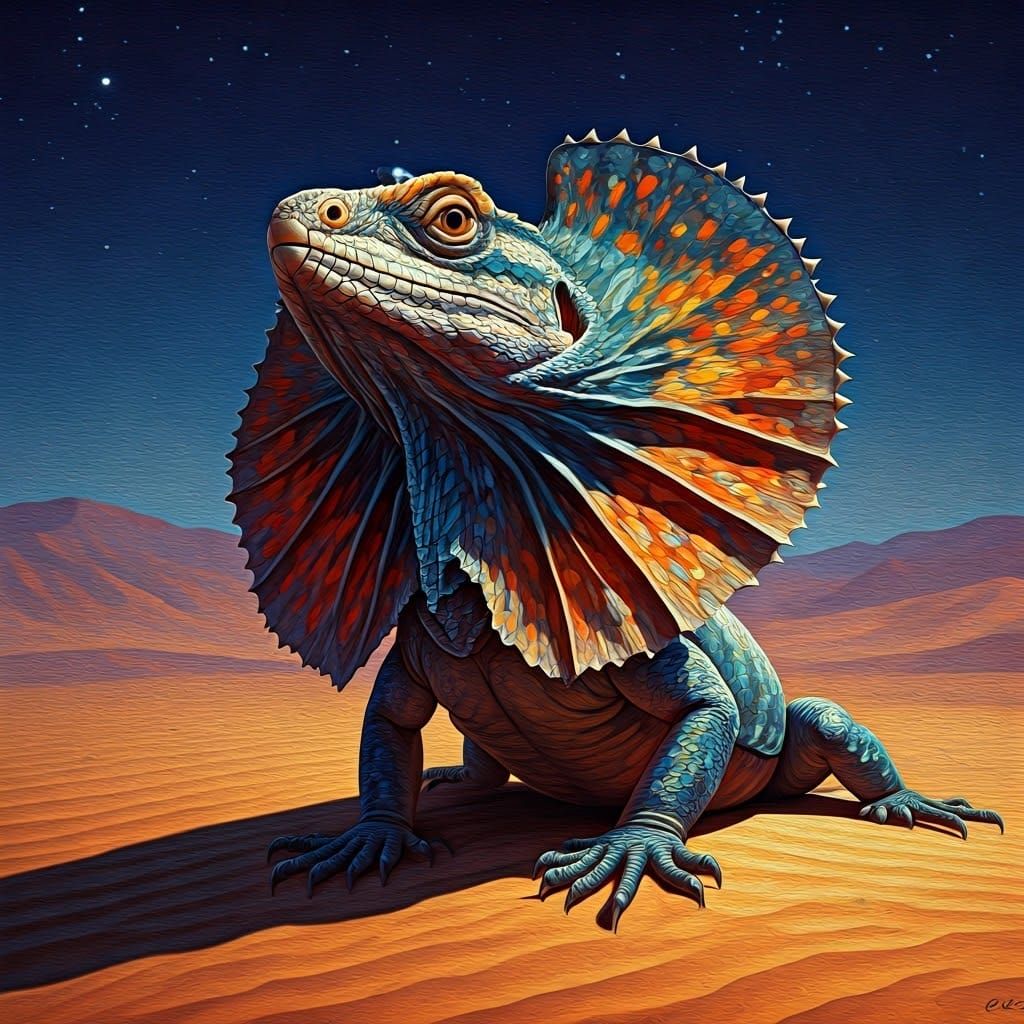 Frilled-Neck Lizard in Starry Desert: Impasto Oil Painting