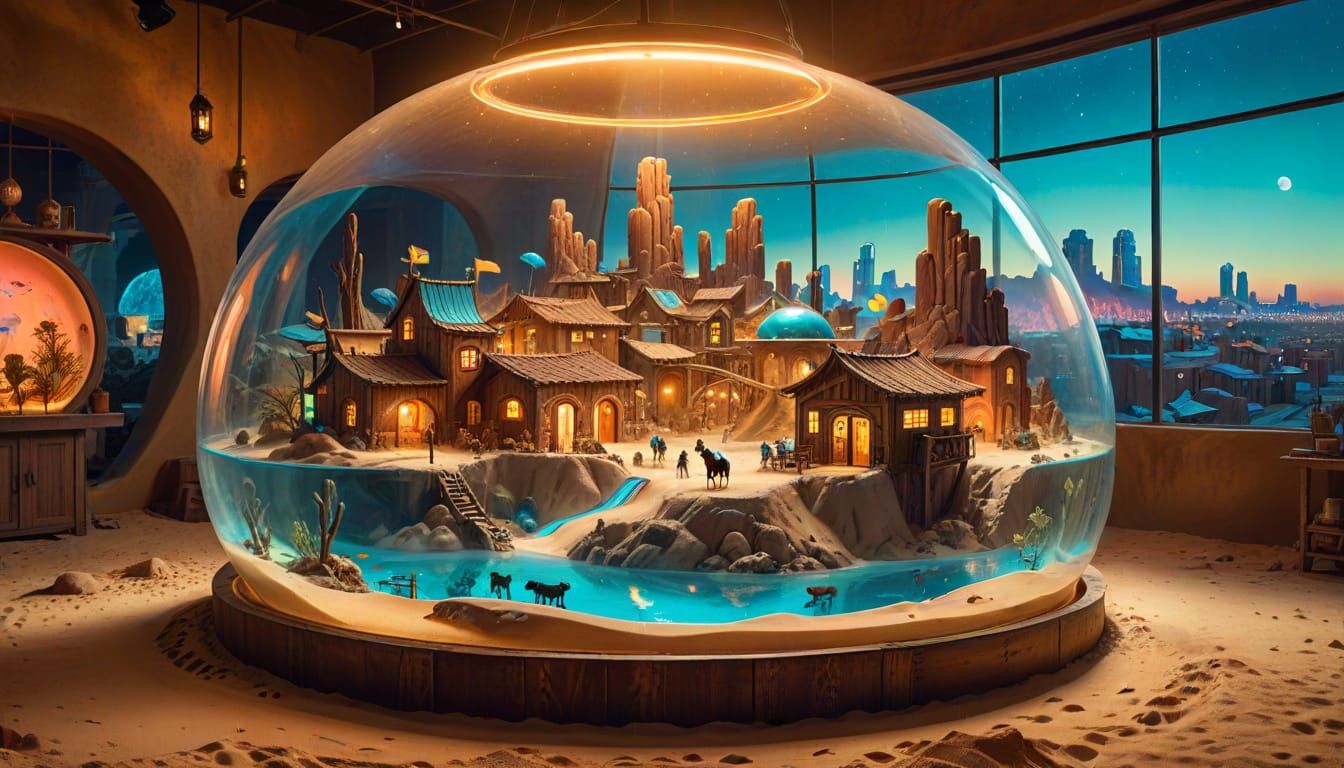 Cowboy Village in Aquarium Dome, Oil Painting