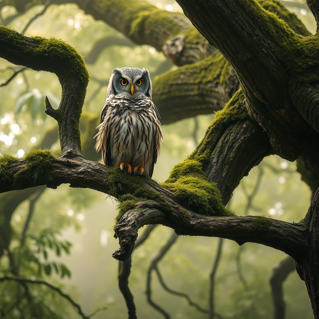 Mossy Owl on Ancient Tree in Misty Forest