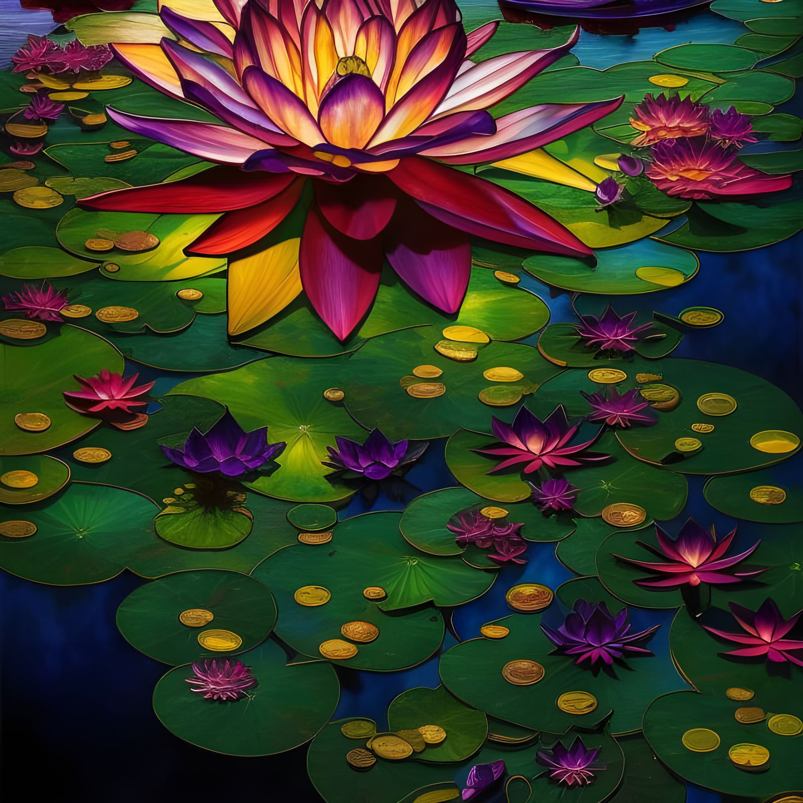 Stained Glass Lotus Lake Landscape in Digital Art
