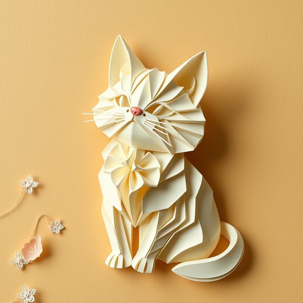 Intricate Origami Cat Amulet in Playful Style