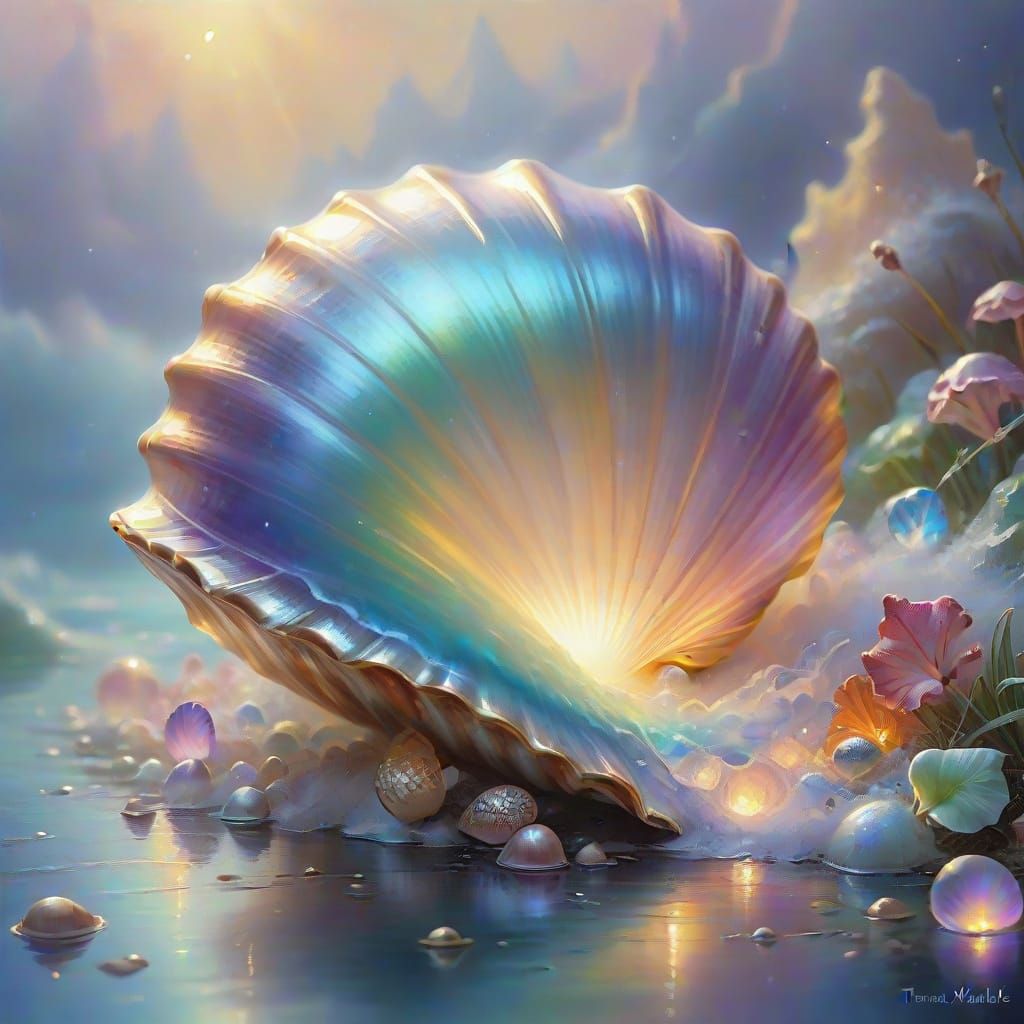 Glowing Shell in Ethereal Mist, Vibrant Oil Painting