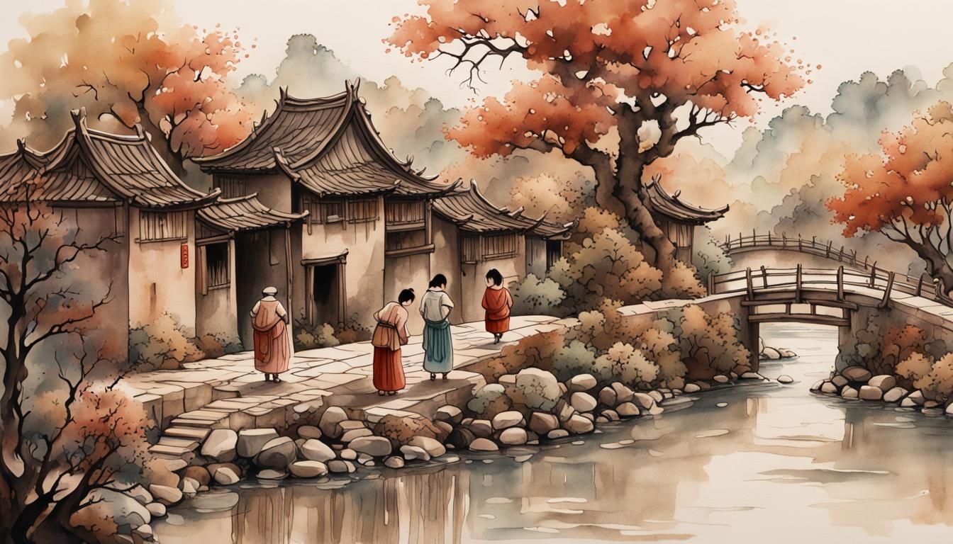 Chinese Village River Scene in Earthy Alcohol Ink