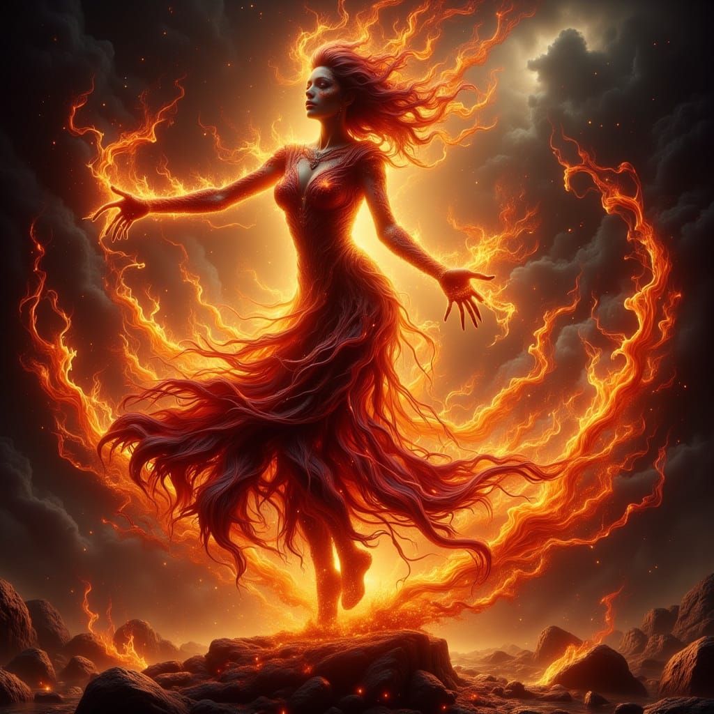 Surreal Flame Dancer in Ethereal Aura with Glowing Coals and...