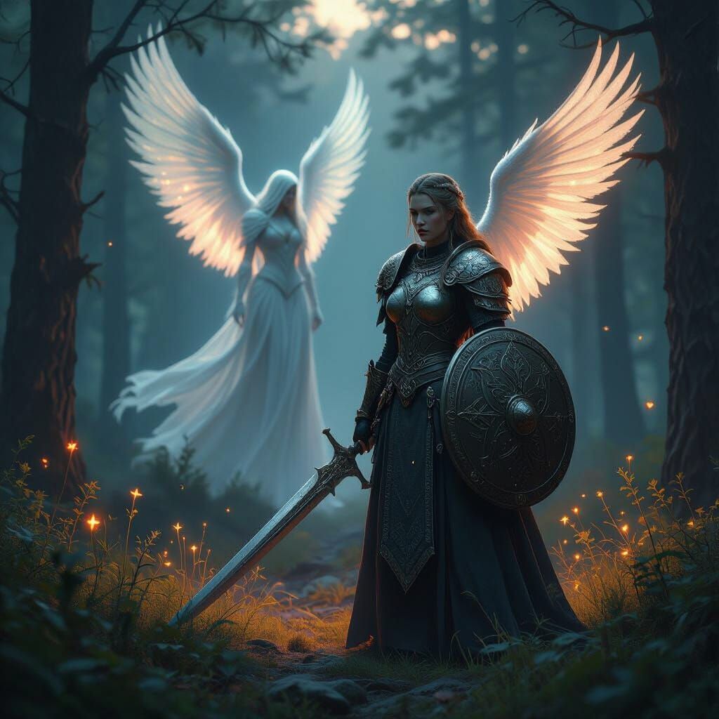 Shieldmaiden and Valkyrie in Mystical Forest
