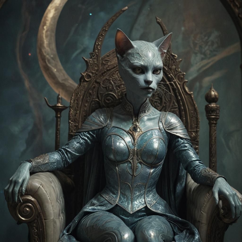 Alien Cat Woman Stroking Crescent Moon Staff