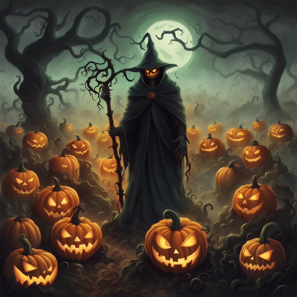 Pumpkin Necromancer Summons Monsters in Dark Fantasy Art