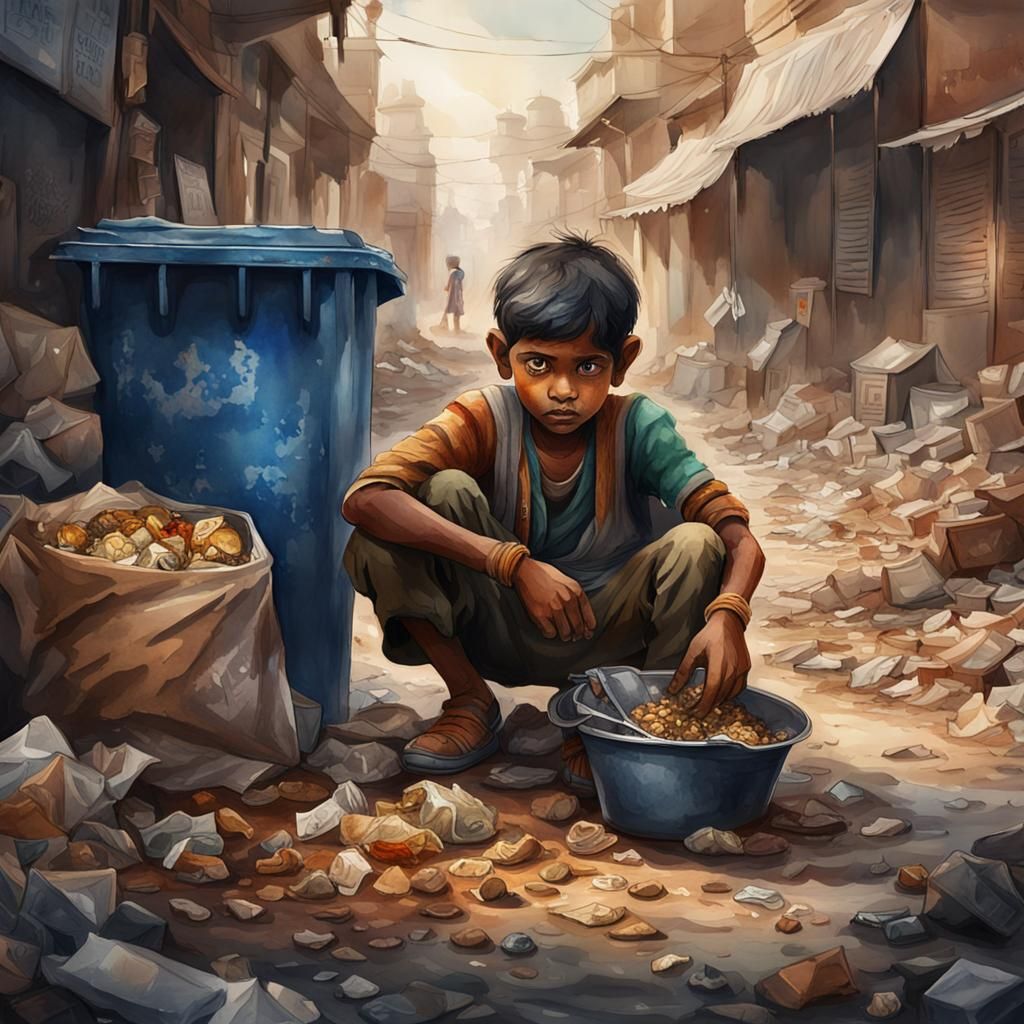 Indian Boy Beggar: Watercolor Art in 8K