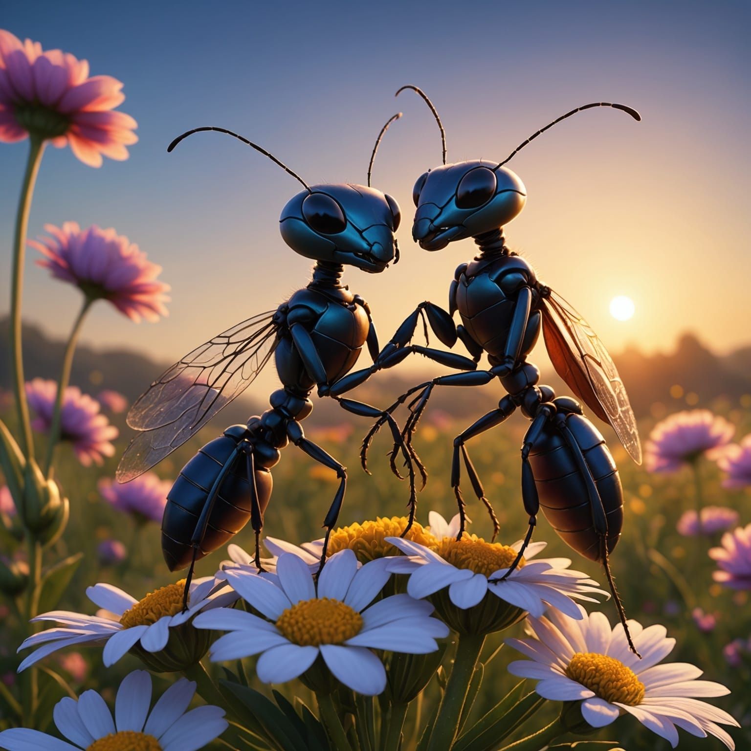 Ants Admire Sunrise on Flower Petal: Fantasy Art