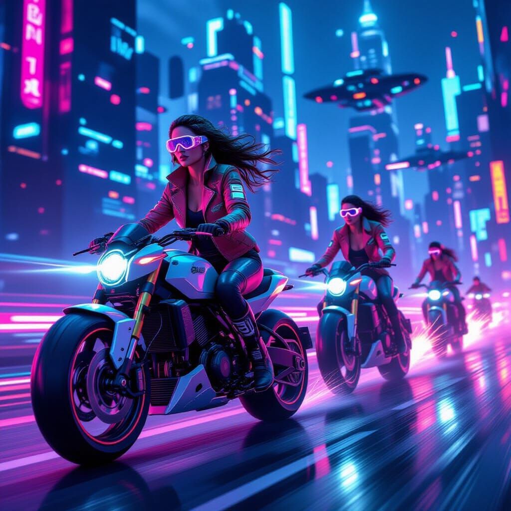 Cyberpunk Women Ride Flying Bikes in Intergalactic Landscape
