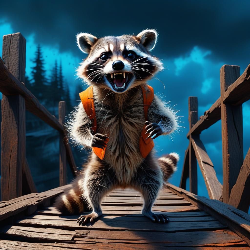 Emotional Raccoon on Bridge: Digital Matte Painting