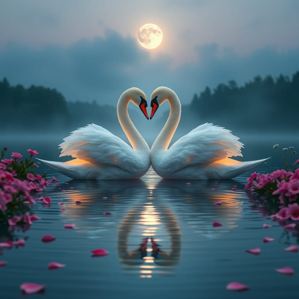 Swans Create Heart on Lake at Dusk
