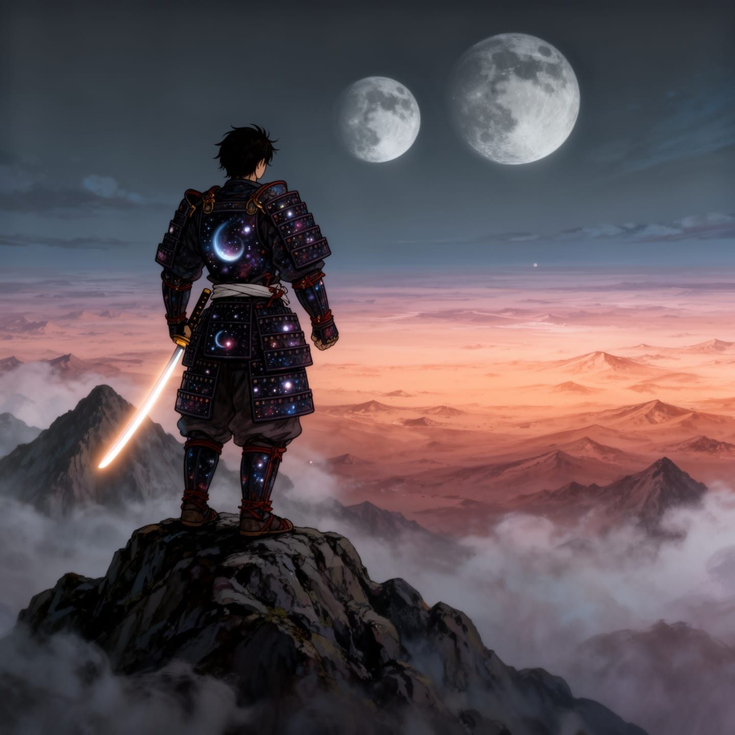 Samurai Warrior Gazes at Alien Desert Under Double Moons