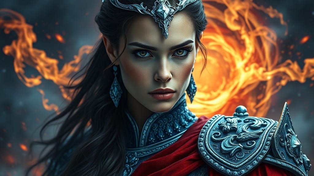 Ethereal Warrior in Icy Blue and Fiery Red Armor