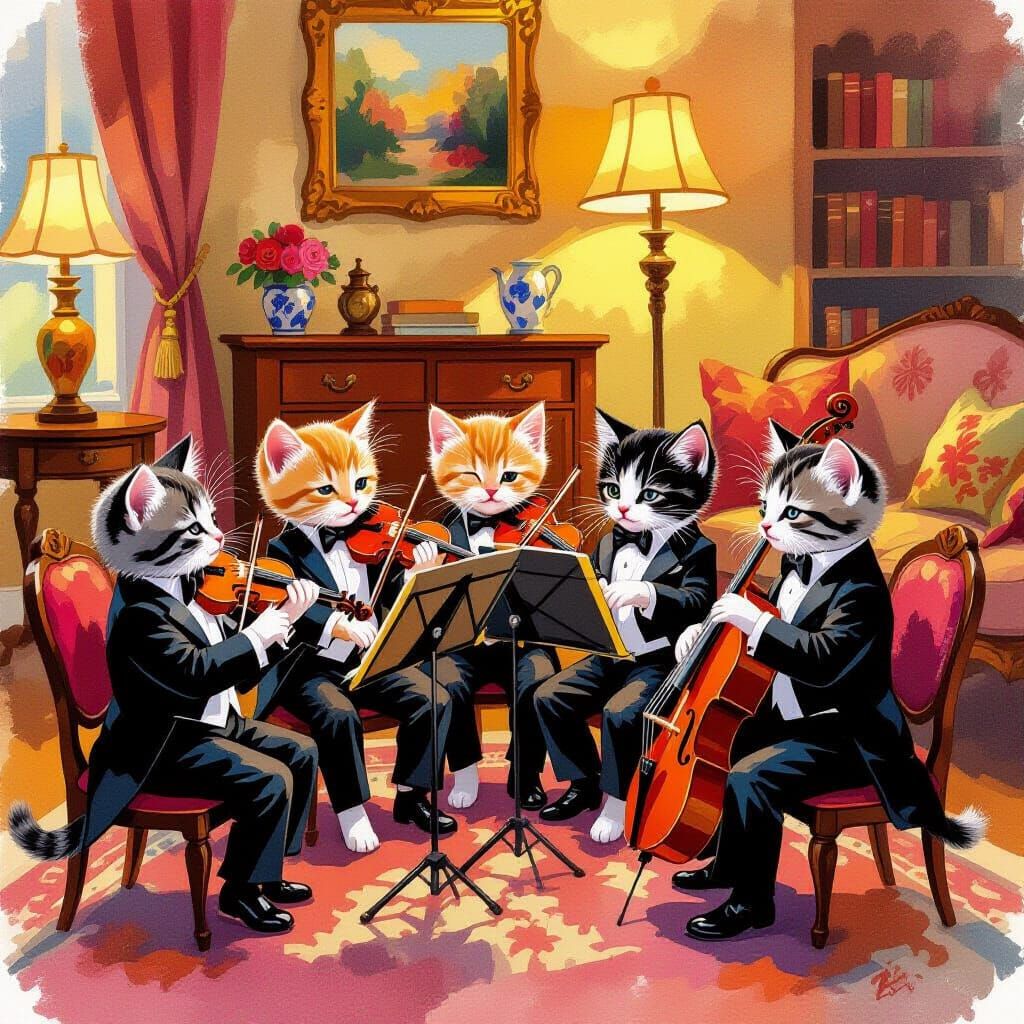 Kittens' Jazz Concert in Painterly Watercolor Style