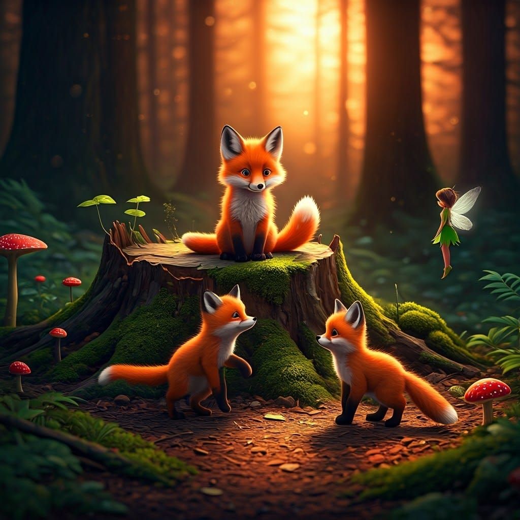 Fox Cubs Play in Sunset Light