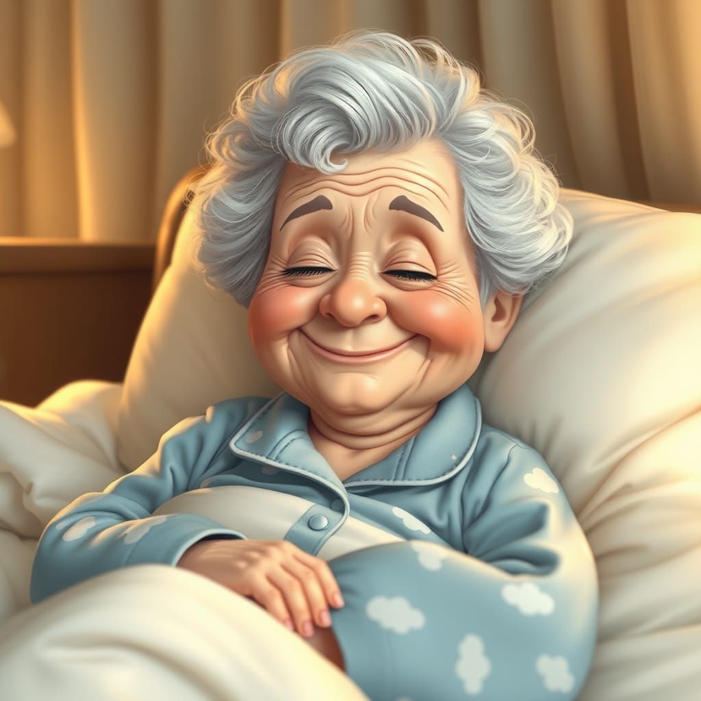 whimsical comical very slightly chubby, slightly wrinkled, quirky looking, sweet little ol' senior lady with short silve...