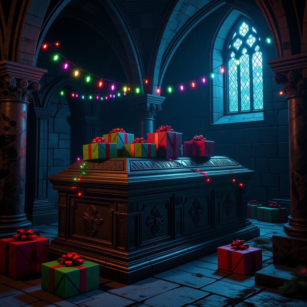 Inside a eerie gothic crypt, there are several wrapped Chris...