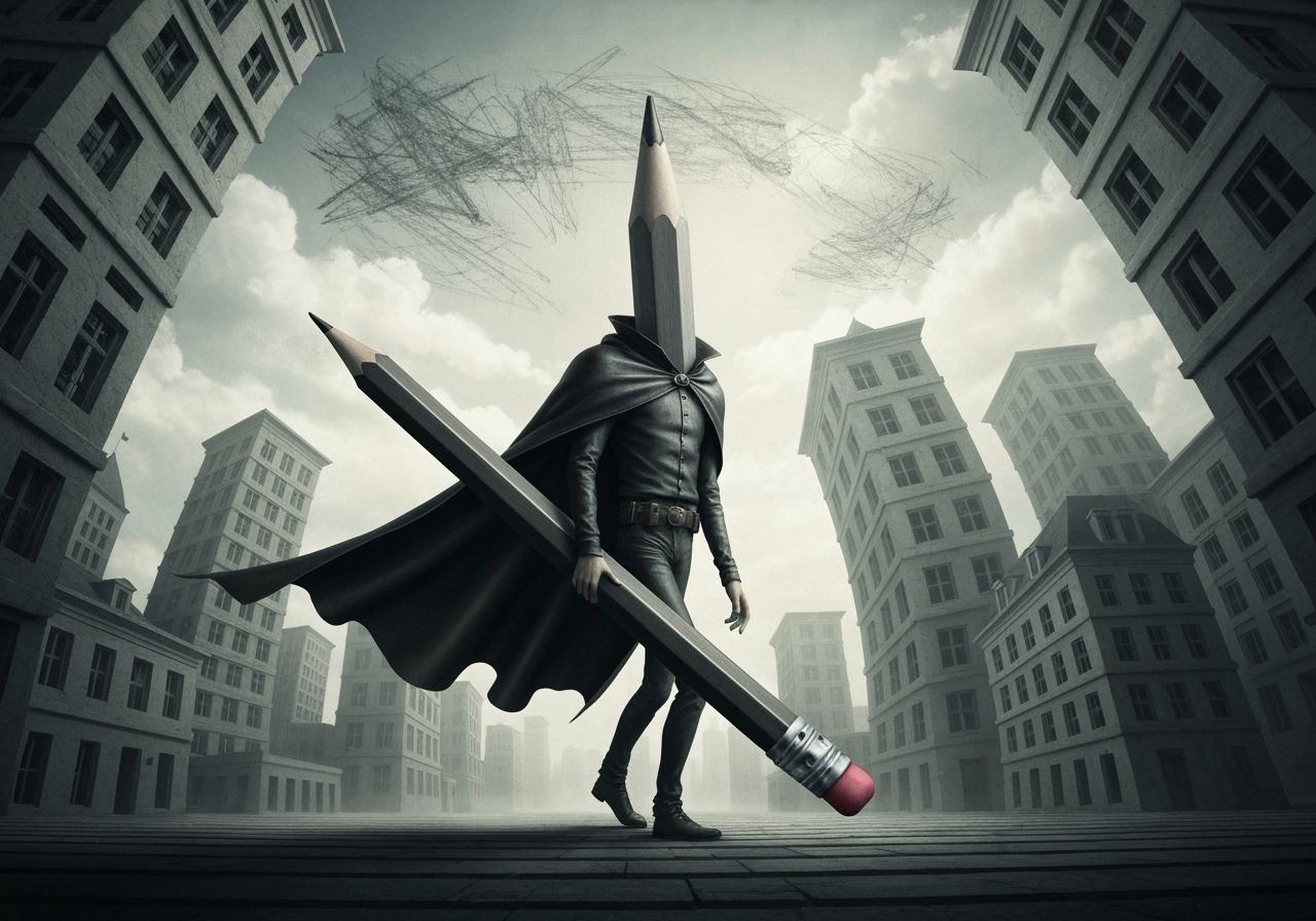 Sentient Pencil Man in Surreal Cityscape, Photorealistic Sur...