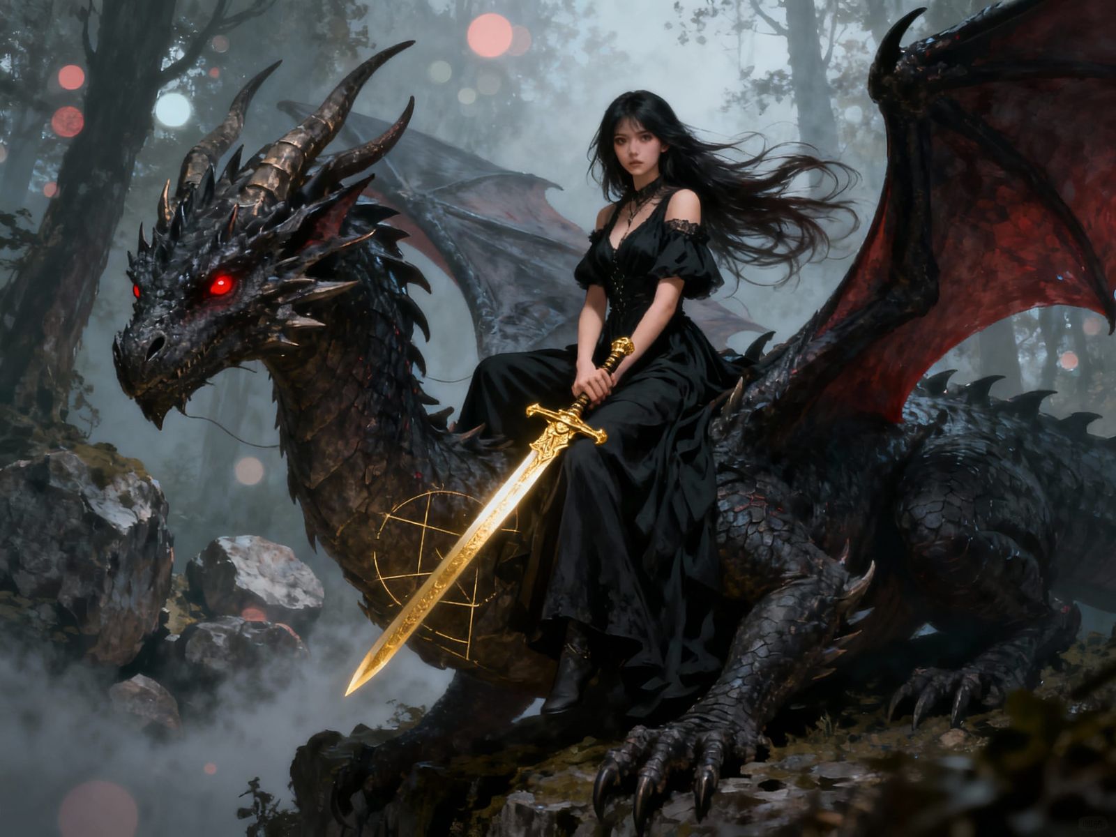 Woman in Black Dress Rides Dragon in Misty Forest