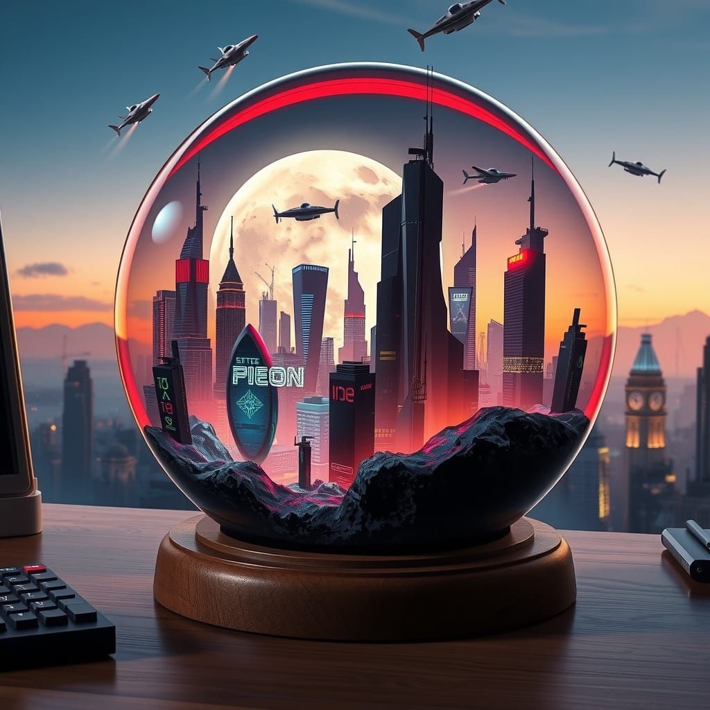 Cyberpunk City in Glass Orb, Hyperrealistic Style