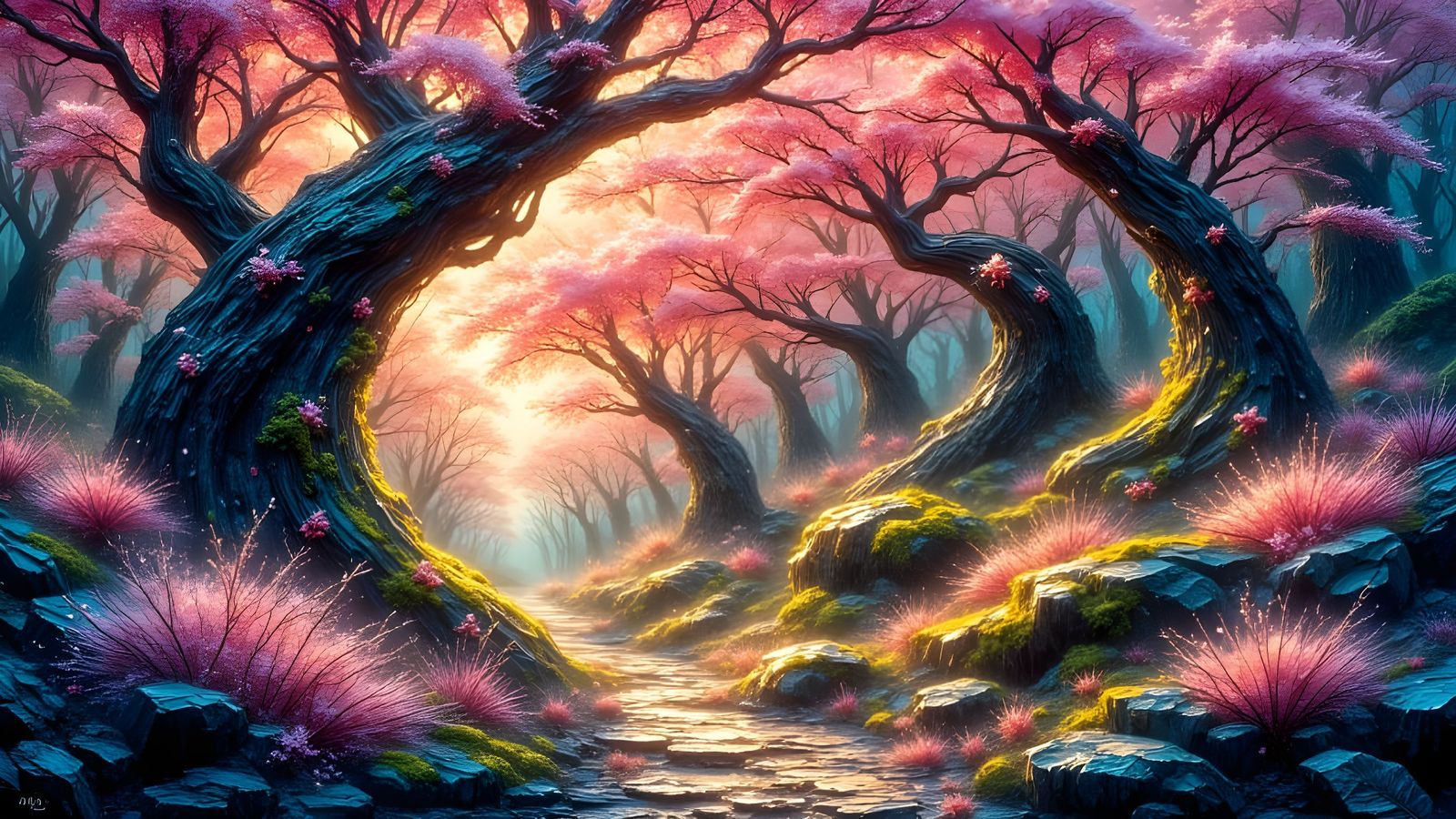 Enchanted Cherry Blossom Forest Path in Impasto Style