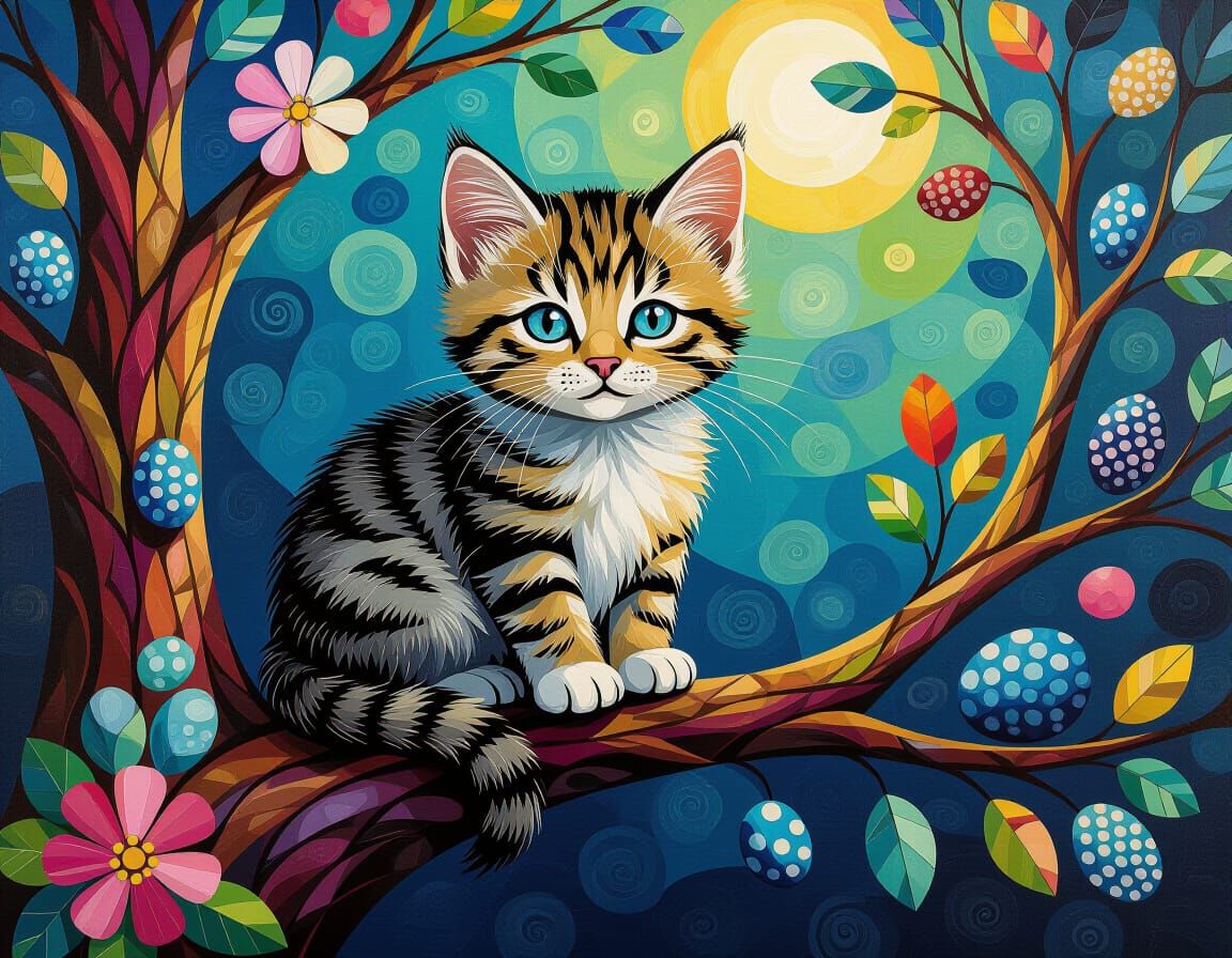 Kitten on Branch Tree in Maximalist Pebble Art