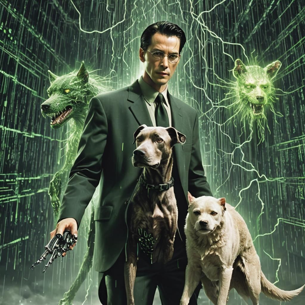 A human-dog-creature fusion with  Mr. Smith of Matrix, matri...