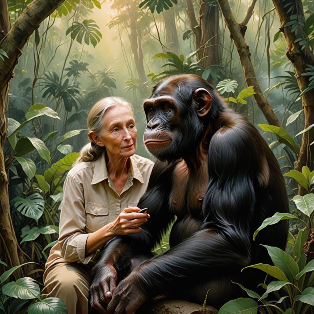 Romantic Watercolor of Jane Goodall and Chimpanzee in Lush J...