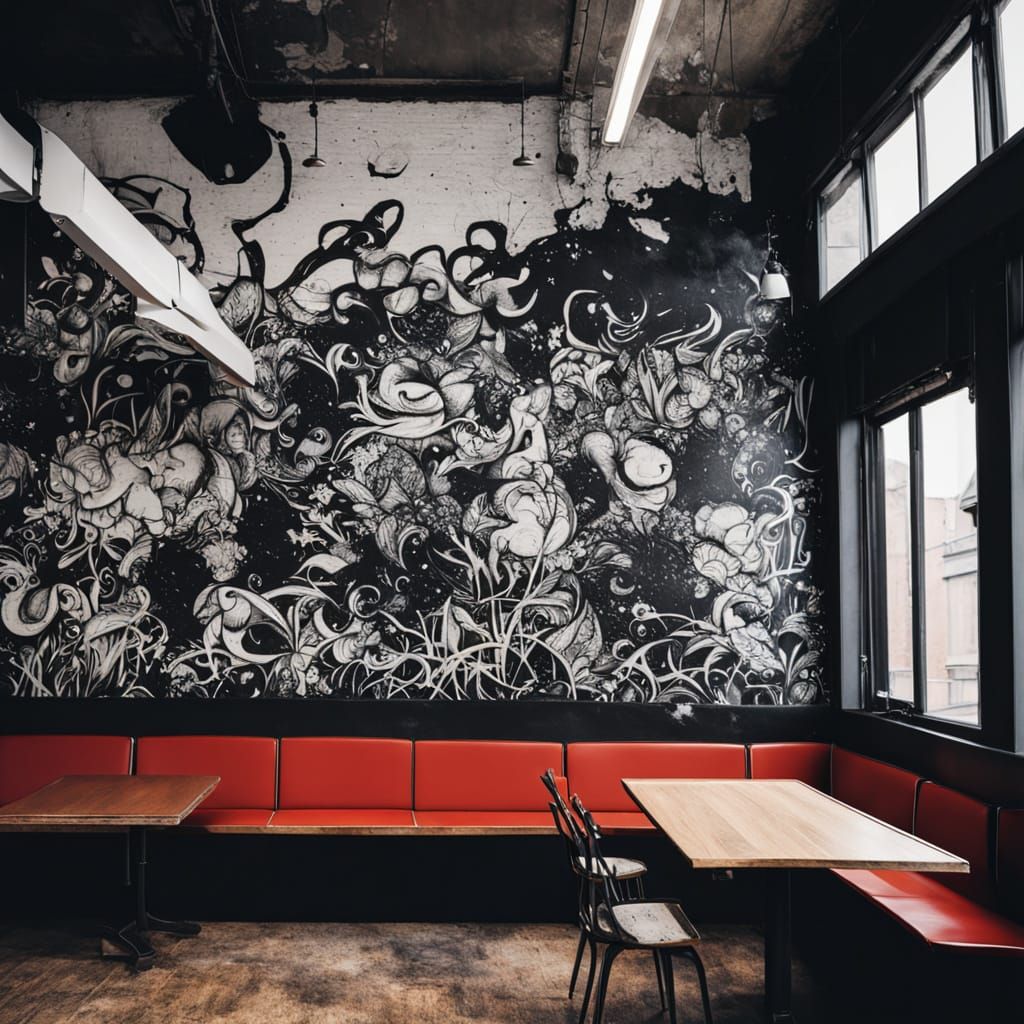 Gritty Urban Art: Black Oil Paint Splash on Coffee Shop Wall