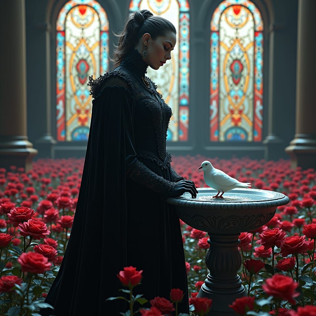 Mystical Gothic Figure Among Crimson Roses