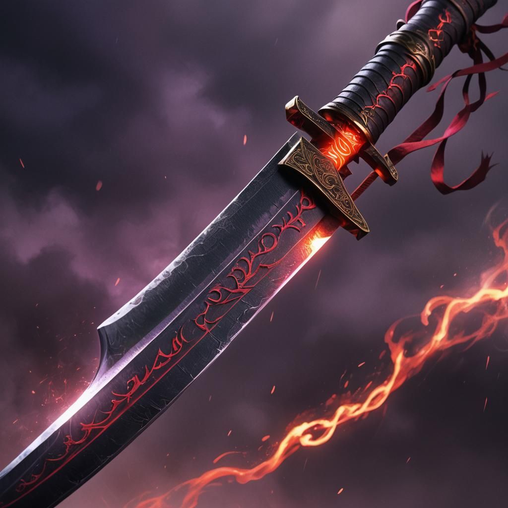Fiery Katana with Glowing Runes: Dark Fantasy Art