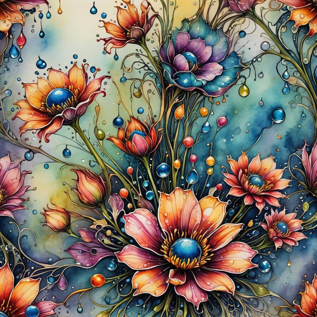 Fantasy Flower Dewdrops in Watercolor and Ink