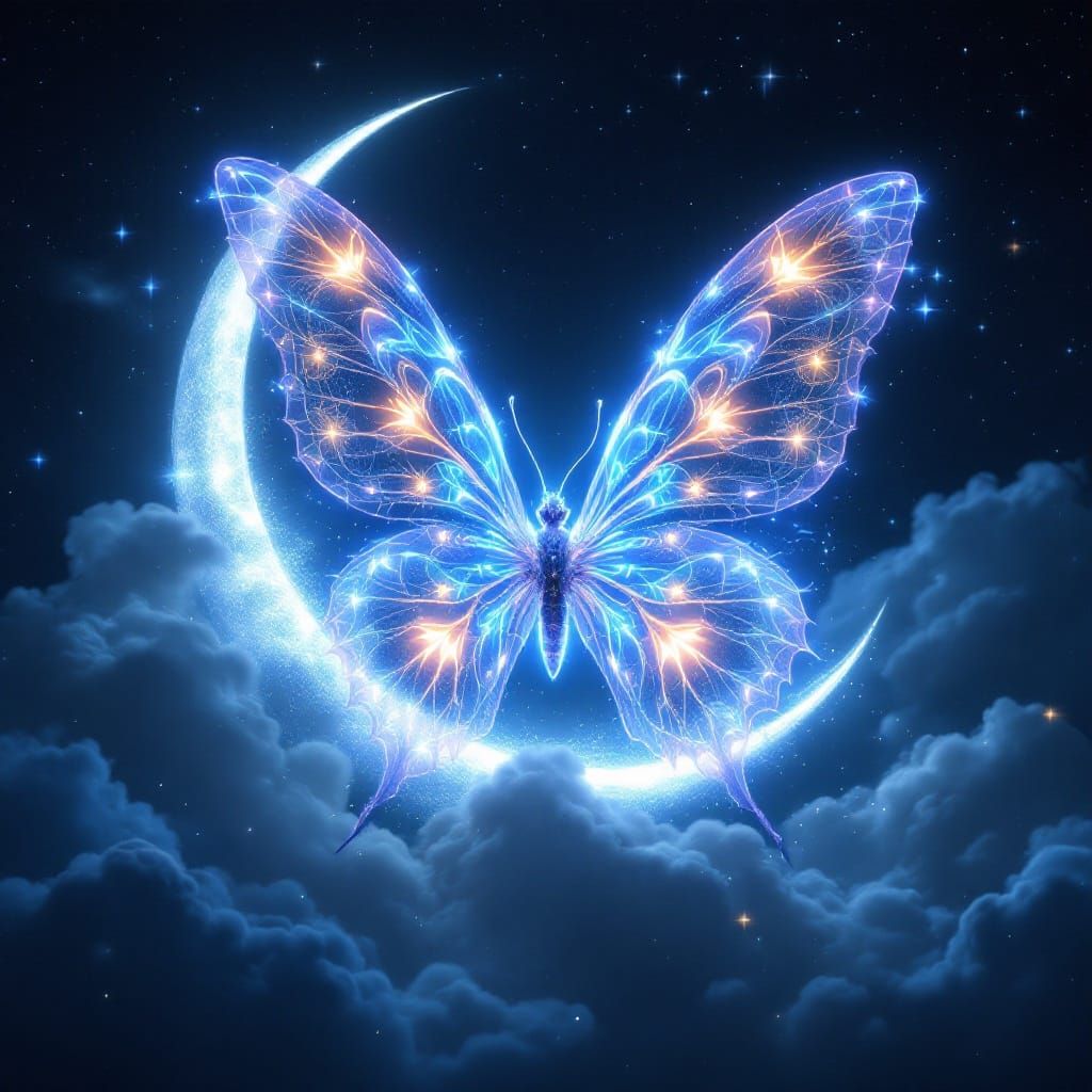 Ethereal Butterfly on Crescent Moon in Celestial Landscape