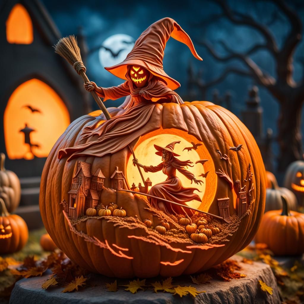 Intricate Pumpkin Carving: Witch's Flight Over Graveyard