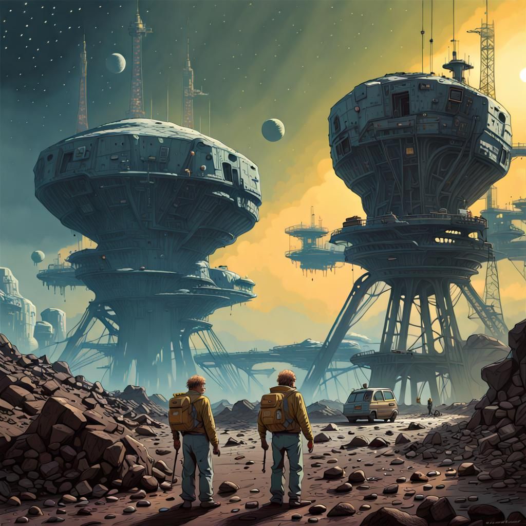 Alien machines mining the asteroids beyond Pluto Bernie Wrightson Simon Stålenhag contrasting colors hyperrealism concep...
