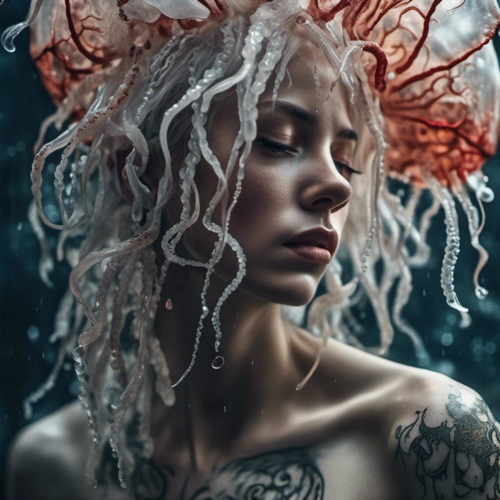Hyperrealistic Jellyfish Queen with Tattoos and Ink Tears