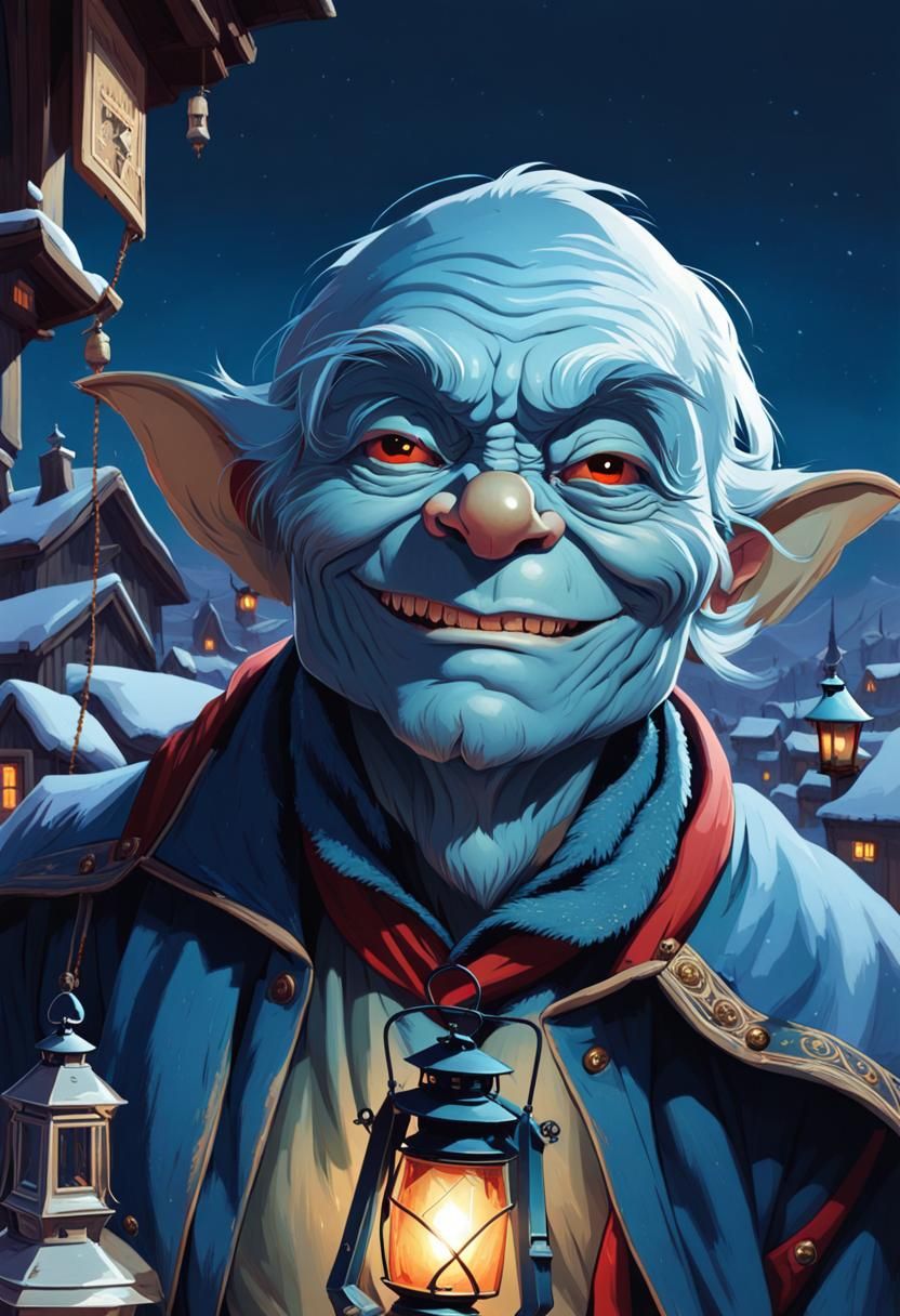 Blue Goblin Merchant in Snowy Lantern Village
