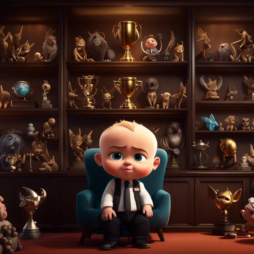 trophy cabinet full of awards and trophies with boss baby lo...