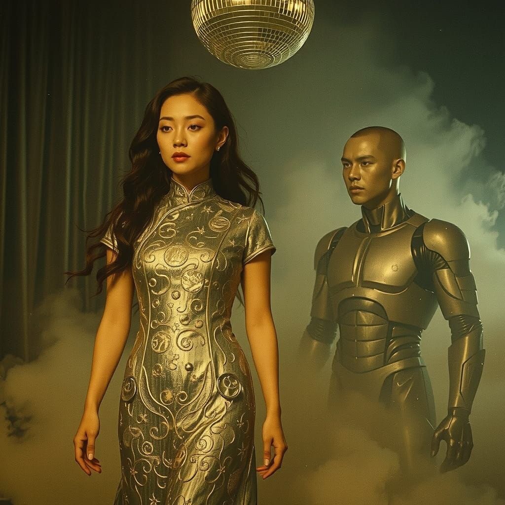 Pre-Raphaelite Woman with Robot in Republic-Era Scene